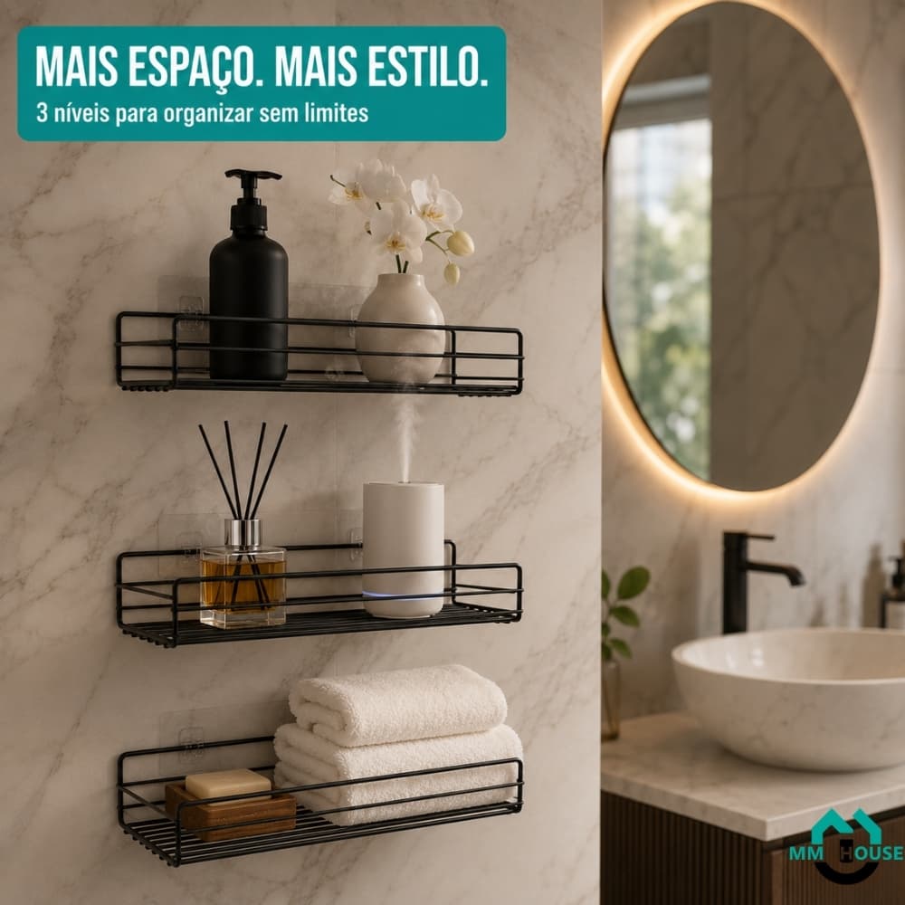 Kit 3 Suportes Prateleira Aramada Banheiro Metal Preto Aço