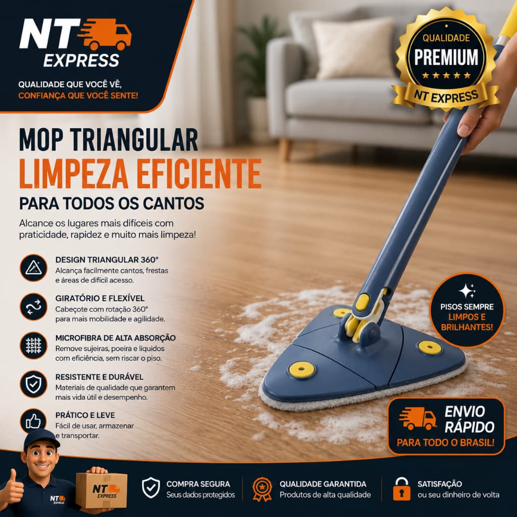 Mop Limpeza Giratorio 360 Graus Triangular Alcance Cantos Pratico Eficiente