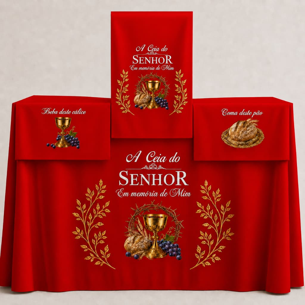 Kit Toalha para Santa Ceia Completo em Oxford VERMELHO Luxo – Mesa, Caminho e Bandejas TAMANHO 2MTX1,50MT 4 PEÇAS