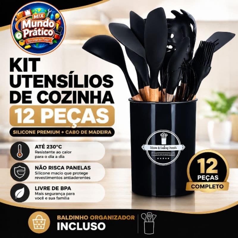 PRETO - Conjunto de Utensílios de Cozinha 12 Peças - Silicone e Cabo de Madeira