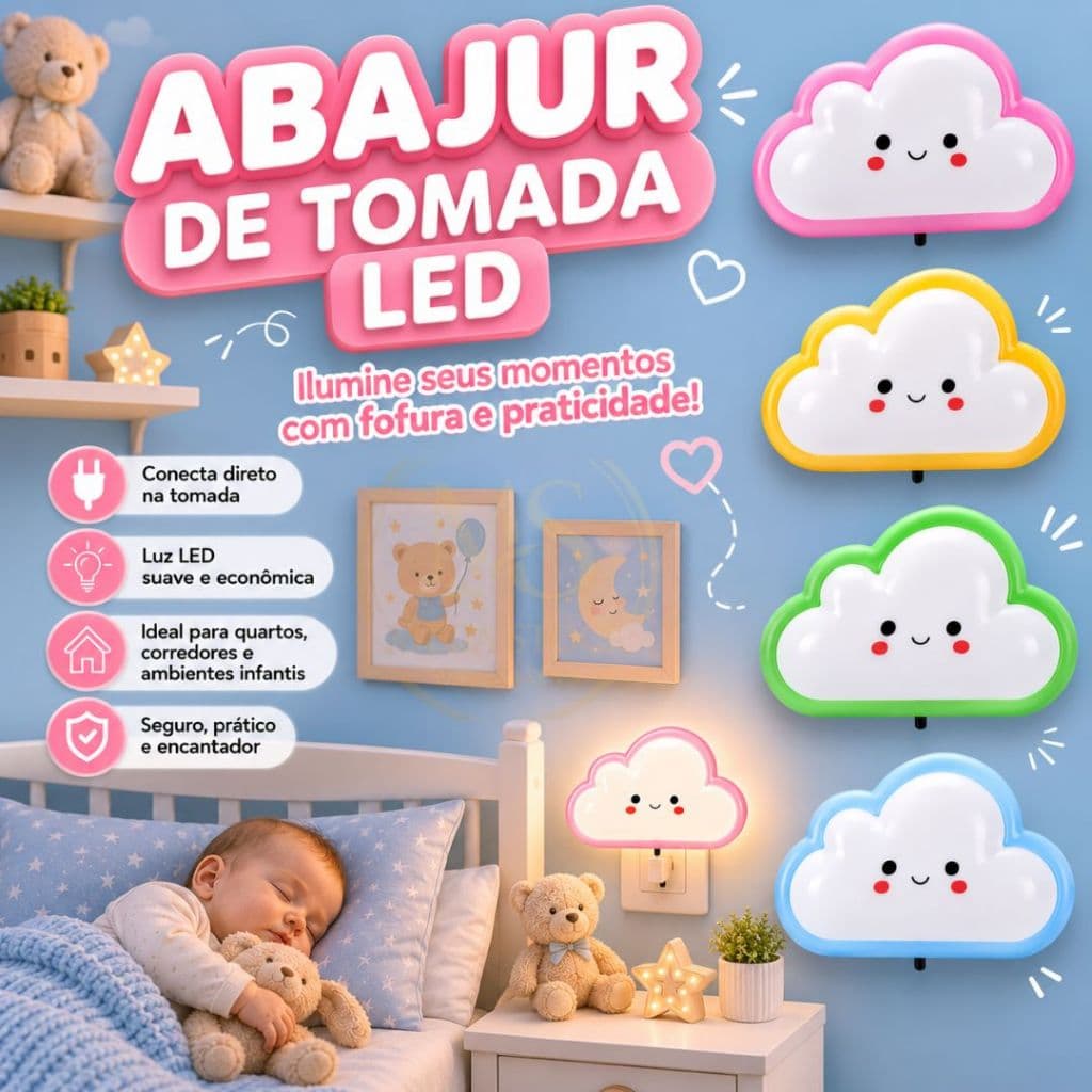Abajur de Tomada Infantil Nuvem Bivolt Luz Led Menino Menina Azul, Rosa, Verde ,Amarelo Criança