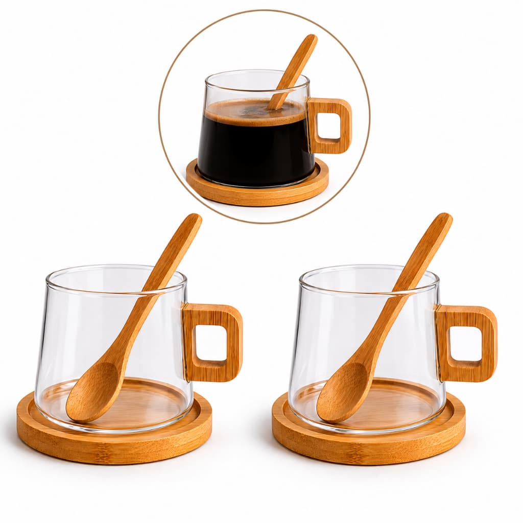 Jogo 2 Xícaras de Vidro com Pires e Colher  De Bambu 300ml Café Chá Elegante Transparente Kit  Peças