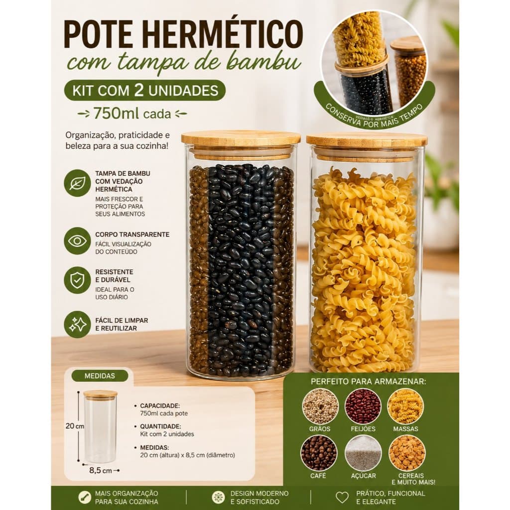 Pote de Vidro com Tampa de Bambu Hermético 750ml Kit com 2 unidades