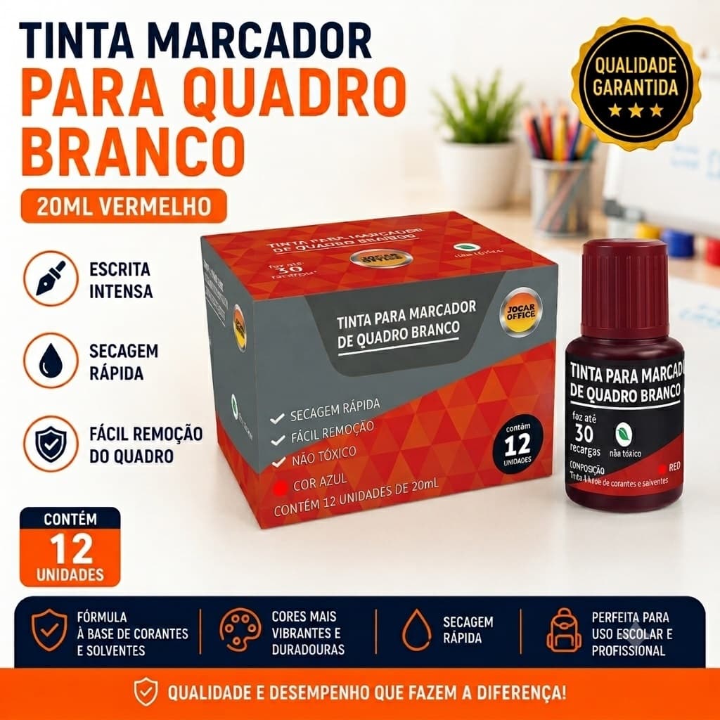 Tinta Marcador para Quadro Branco 20ml Vermelho 12 Unid Jocar Office Escrita Intensa Secagem Rápida