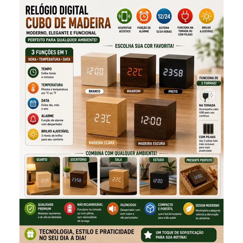Relógio Digital de Mesa Cubo Tela LED  e Dígitos Grandes