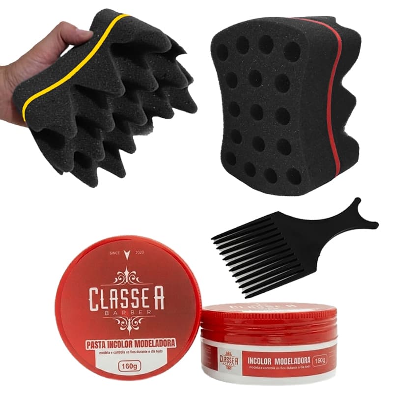 Esponja Nudred Dupla Enrolar Cabelos Média 16mm + Cera + Pente Afro
