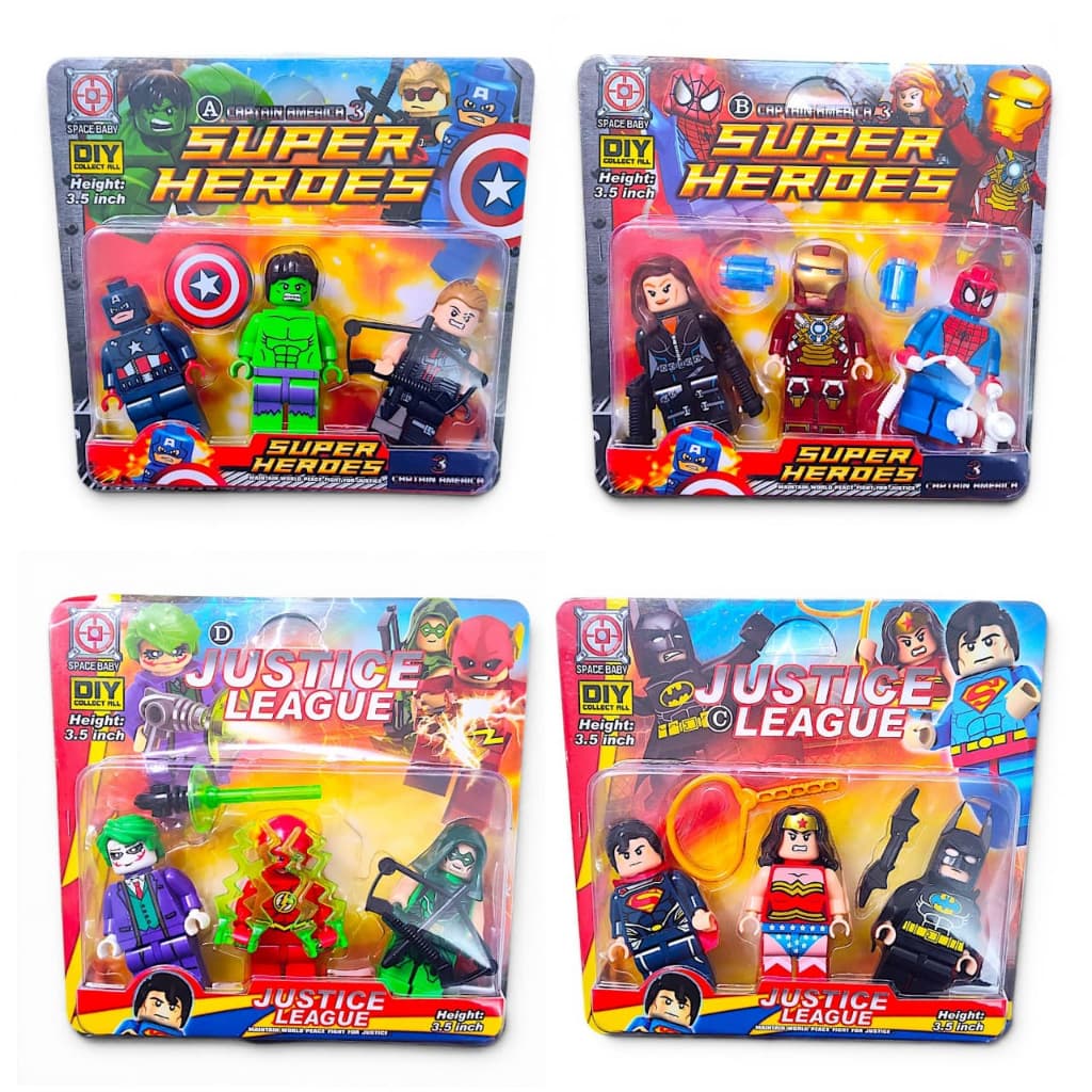 Kit 3 Bonecos Super Heróis 10cm Articulados com Acessórios