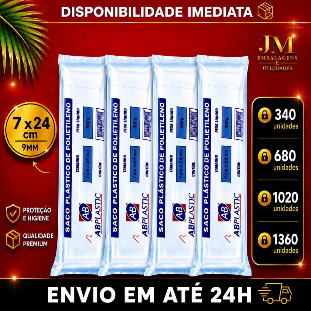 Saquinho Transparente 9mm 7x24 (Grosso) - Embalagem para Geladinho/Geladão - Escolha a Quantidade | ABPlastic