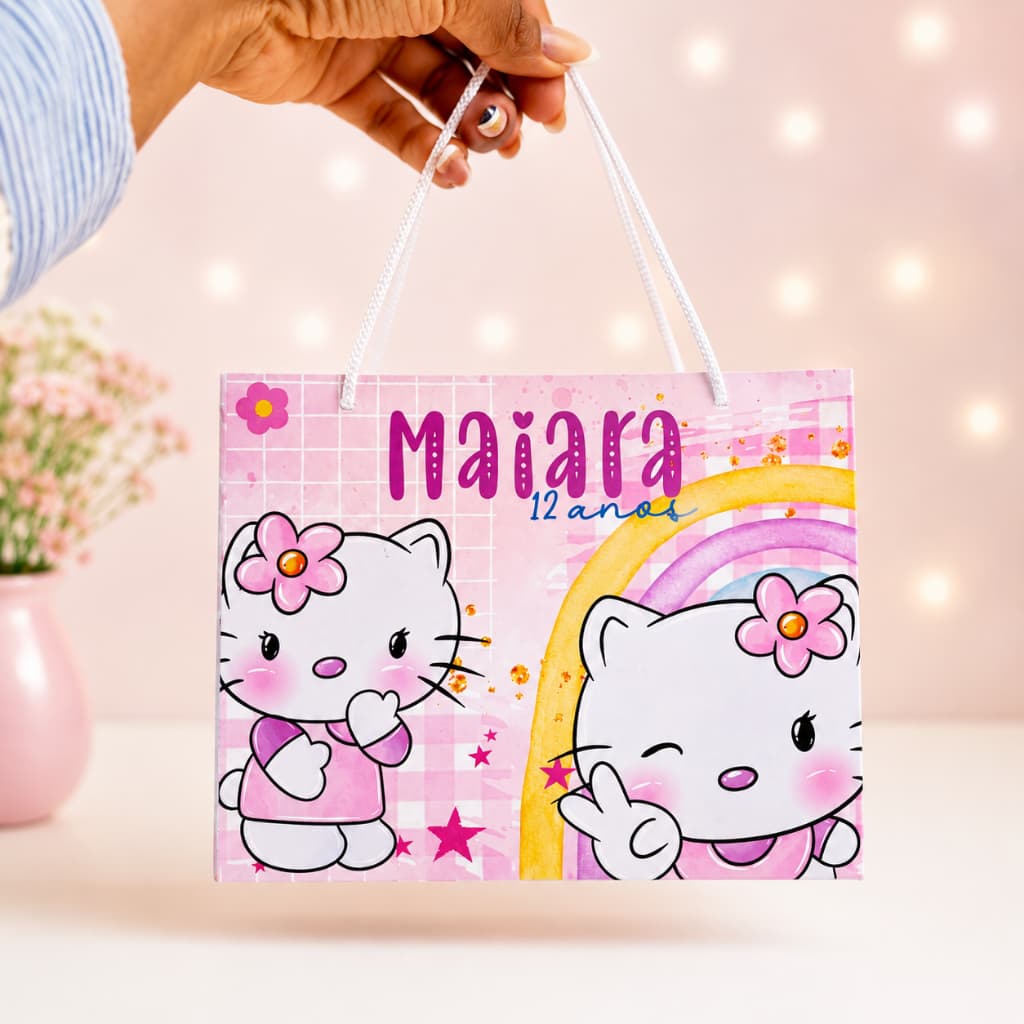 Sacolinha Personalizada Hello Kitty com Nome | Lembrancinha Infantil para Festas  | PEGUE E MONTE