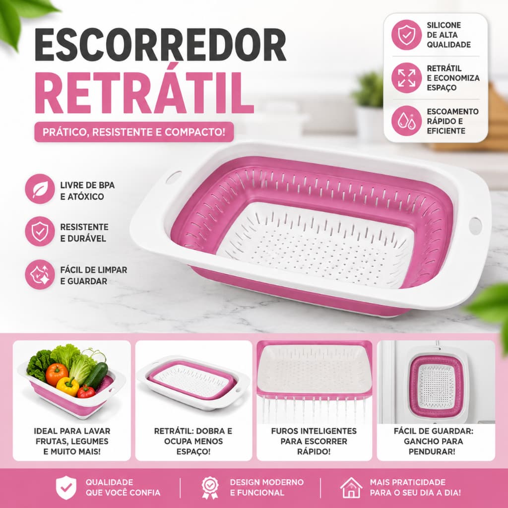 Escorredor Dobrável de Silicone Retrátil | Lava e Escorre Frutas, Verduras e Macarrão