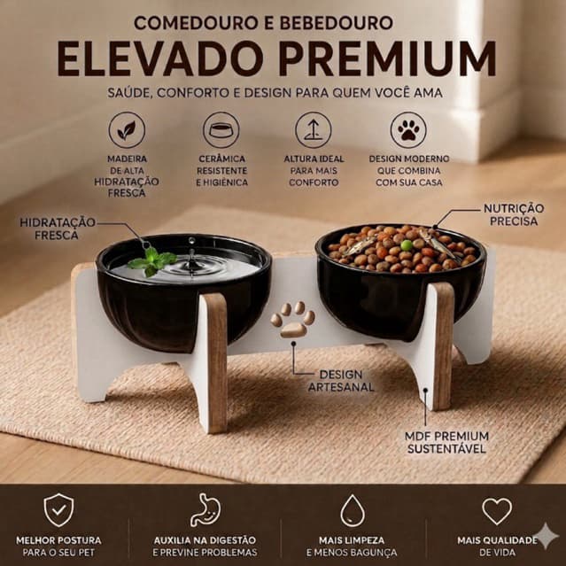 Comedouro E Bebedouro Elevado Premium Pet Cães e Gatos MDF Tigela Cerâmica Modelo Duplo