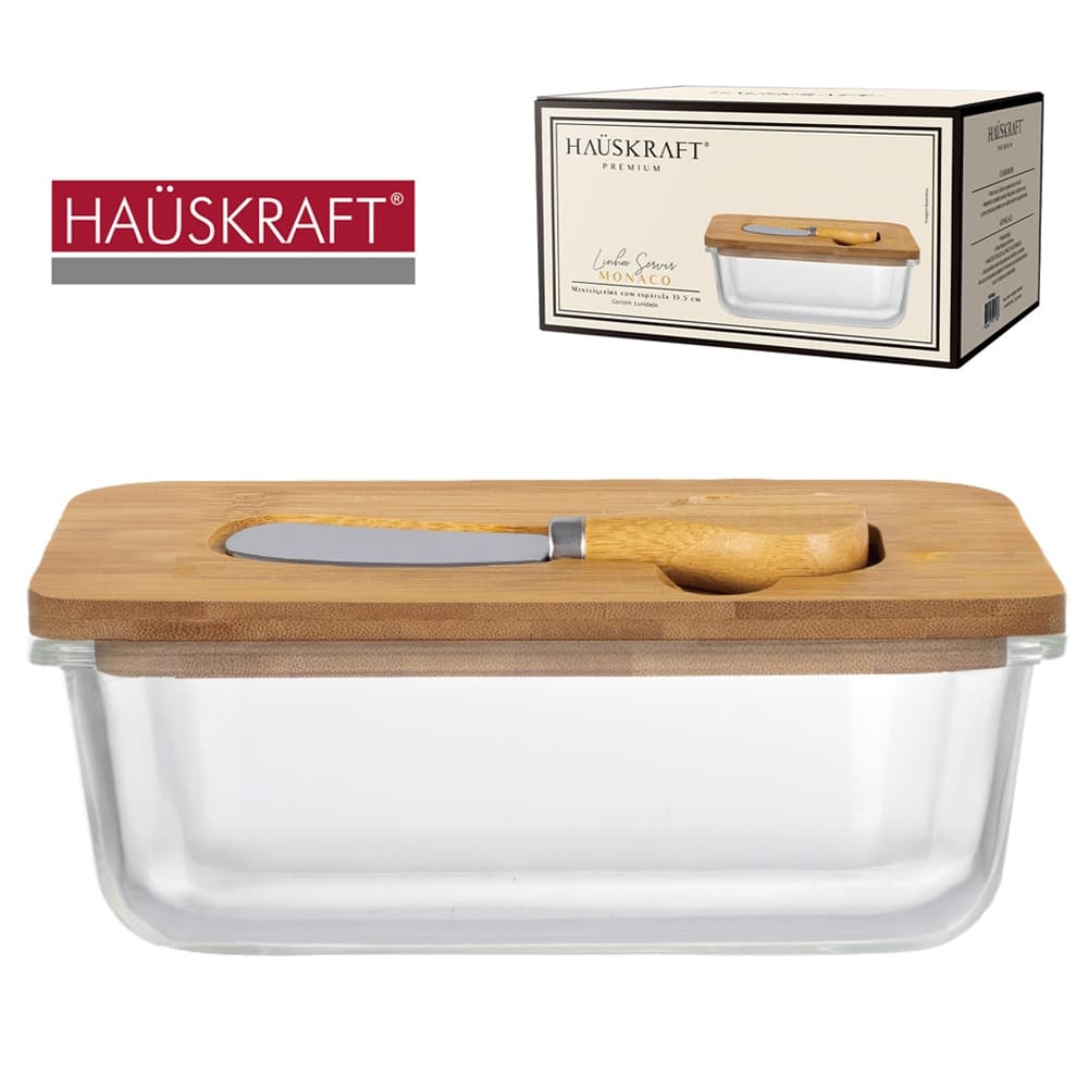 MANTEIGUEIRA DE VIDRO CRISTAL COM ESPATULA + TAMPA DE BAMBU LINHA SERVIR MONACO HAUSKRAFT