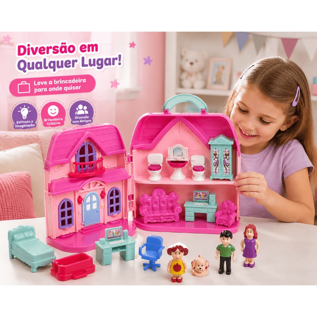 Casa De Boneca Infantil Maleta Com Luz E Som Móveis Acessórios Personagens Portátil