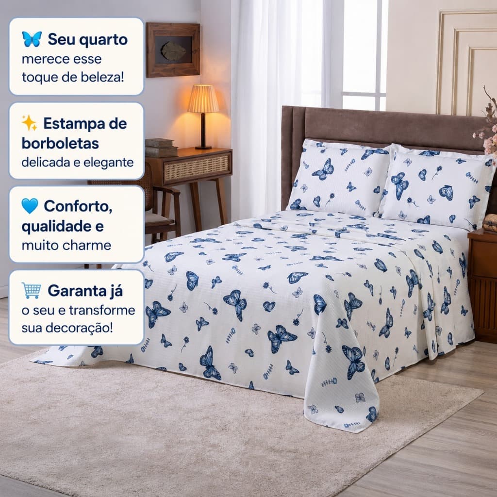 Colcha Cobre Leito Borboletas –  Solteiro, Casal, Queen e King Confortavel e Duravel