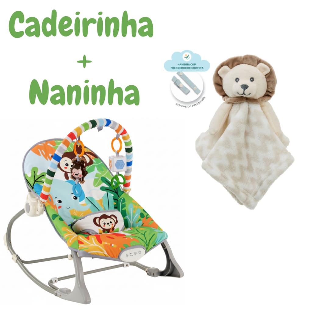Kit Bebê Cadeirinha De Descanso Musical Vibratória + Naninha Pelúcia Com Prendedor De Chupeta Smile