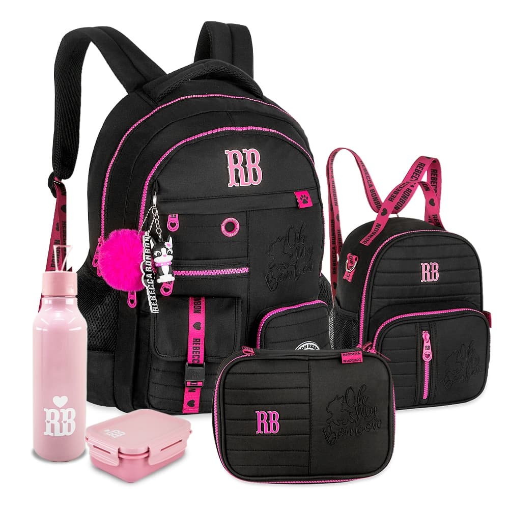 Kit Completo Mochila Bolsinha Lancheira Alça 2 em 1 Estojo Box Rebecca Bonbon RB Escolar 2026