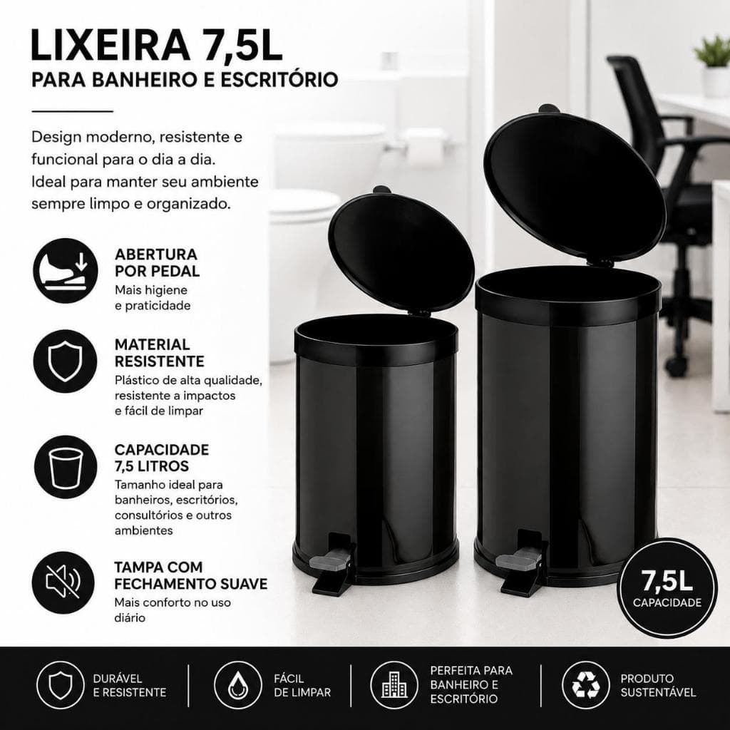 Lixeira  Banheiro Pedal 7,5 Litros Plástico Cesto Escritório cozinha preta.