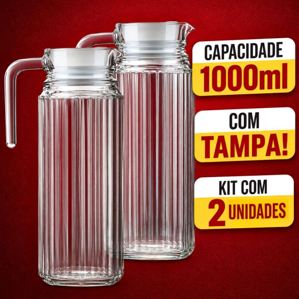 Jogo Com 2 Jarras De Vidro Suiça Transparente 1 Litro Com Tampa