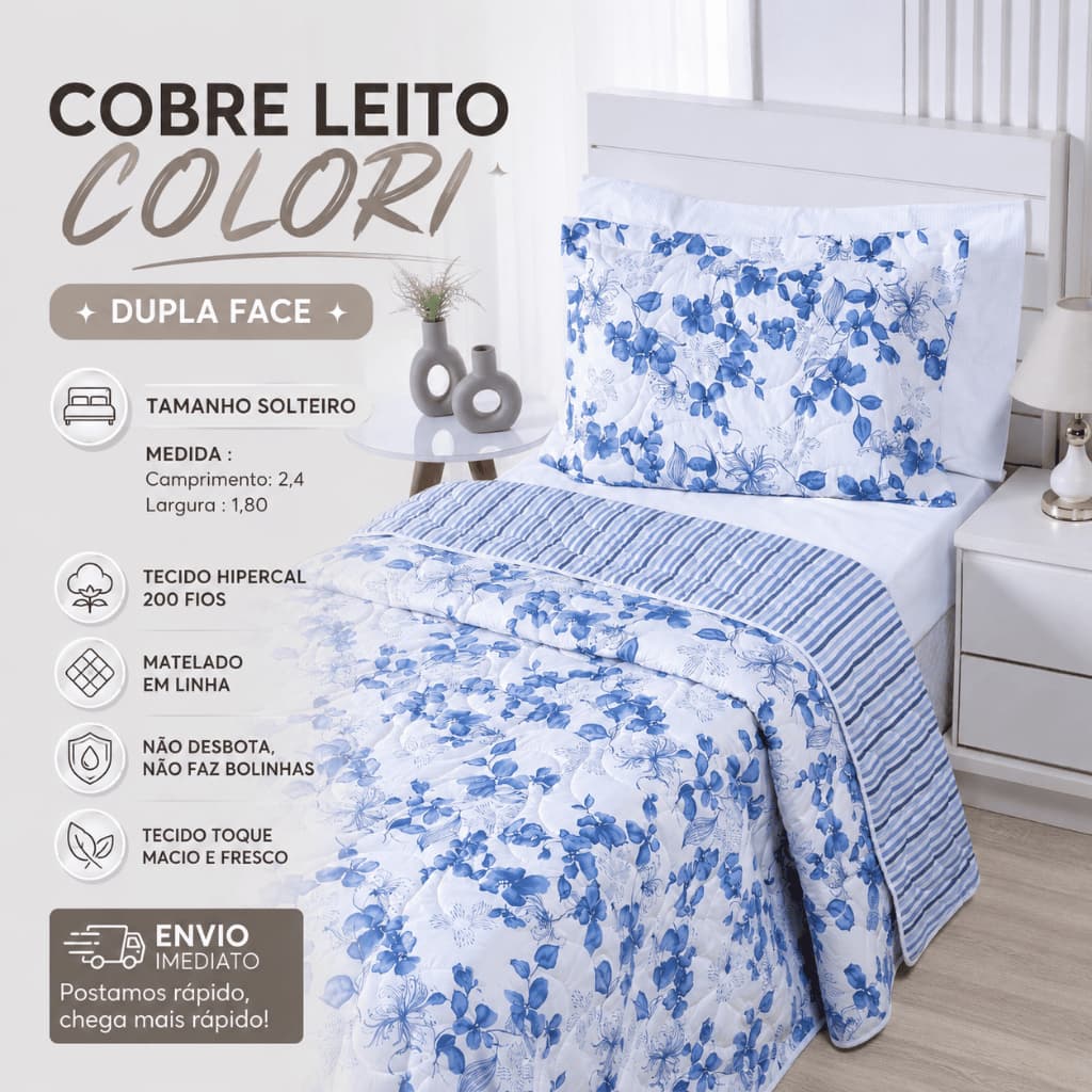 Colcha Cobre Leito 2 Peças Solteiro Estampado Colori Percal 200 Fios Dupla Face