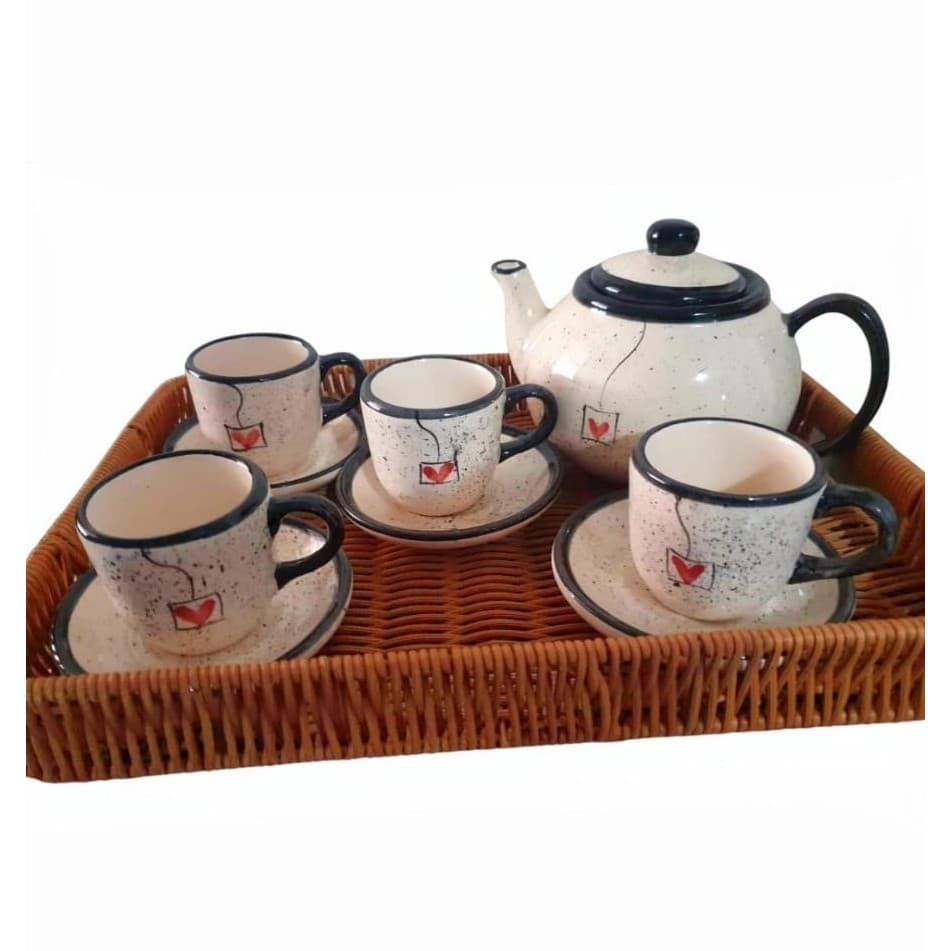 Kit Café em Cerâmica Decorada com 4 Xícaras e Bule | Cantinho do Café