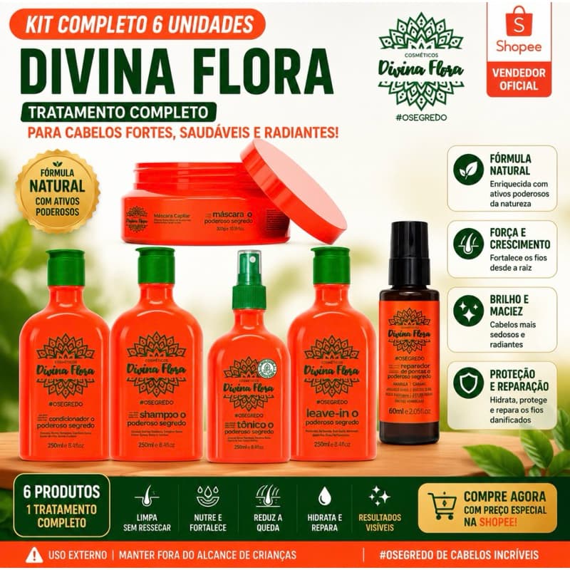 Kit Crescimento Saudável Divina Flora com Tônico Capilar — Fortalece a Raiz, Fios Encorpados e Reduz a Queda