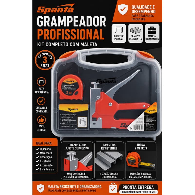 Kit Grampeador Tapeceiro Profissional Sparta + Trena 2m + Grampos