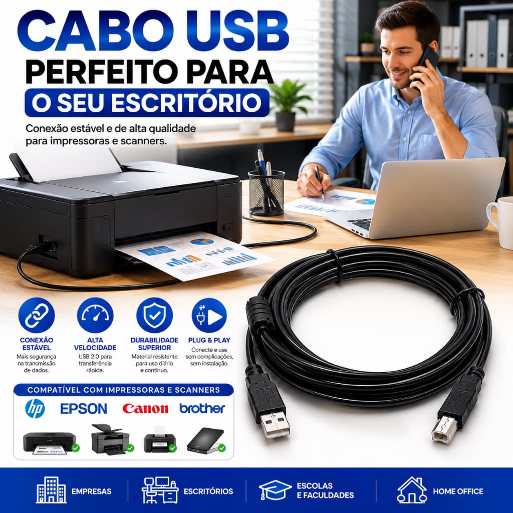 Cabo USB Impressora Scanner 3 Metros Alta Velocidade USB A Para USB B Compatível Epson HP Canon Brother 3m Resistente