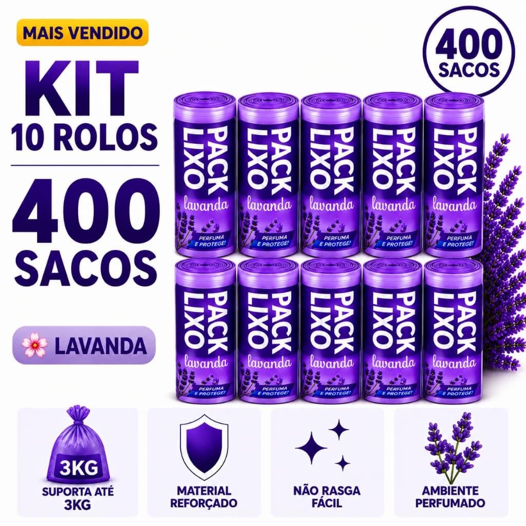 Kit 10 Rolos Sacos Lixo 10L Lavanda 400 Sacos Perfumados Resistentes Cozinha Banheiro Anti Odor