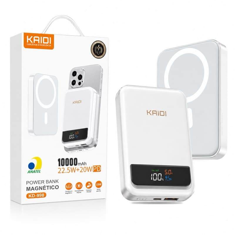 Power Bank Magnético Kaidi KD-998 10000mAh Wireless 22.5W 20W PD para iPhone Android