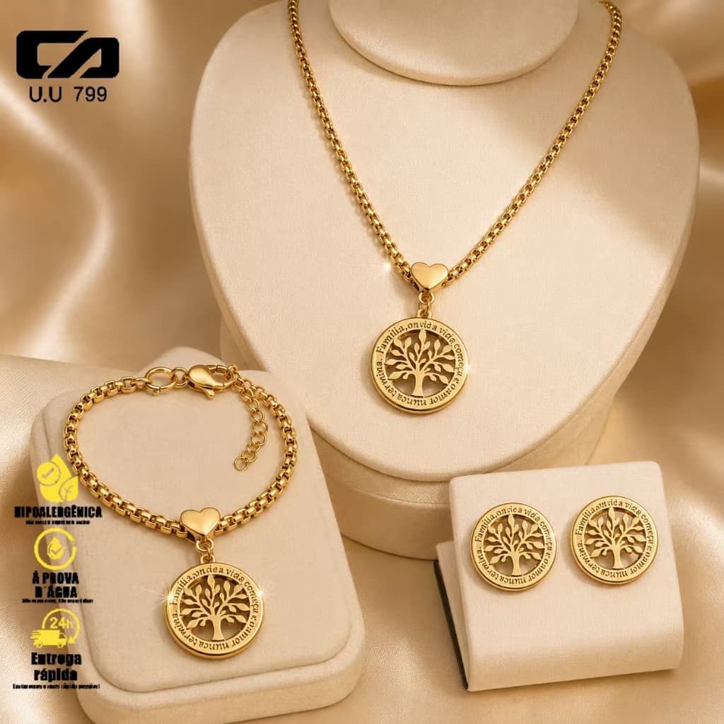 Kit Feminino Luxuoso Árvore da Vida – Pingente Redondo, Colar, Pulseira e Brincos Delicados