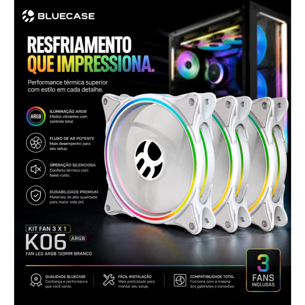 COOLER BRANCO ARGB 120MM KIT COM 3 UNIDADES K06ARGB LED BLUECASE