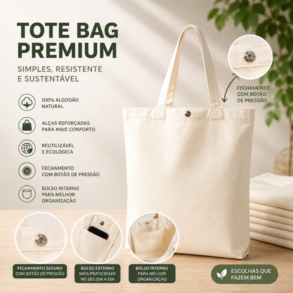 EcoBag Com Bolso e Botão Sacola com alça Longa em Algodão cru