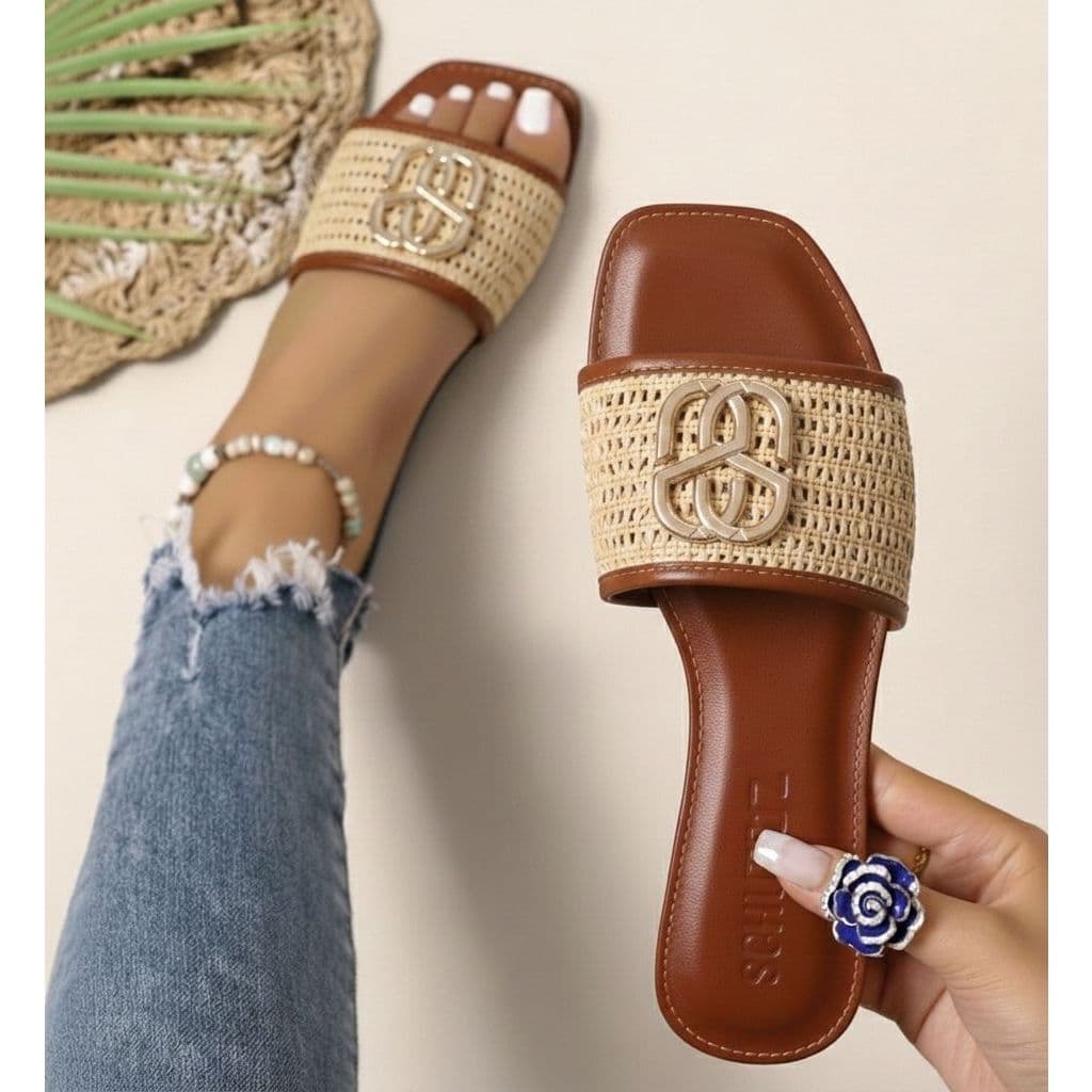 SANDALIA RASTEIRINHA DE ENFIAR O PE PALA LOGO SCH SS RAFIA SLIDE PROMOCAO