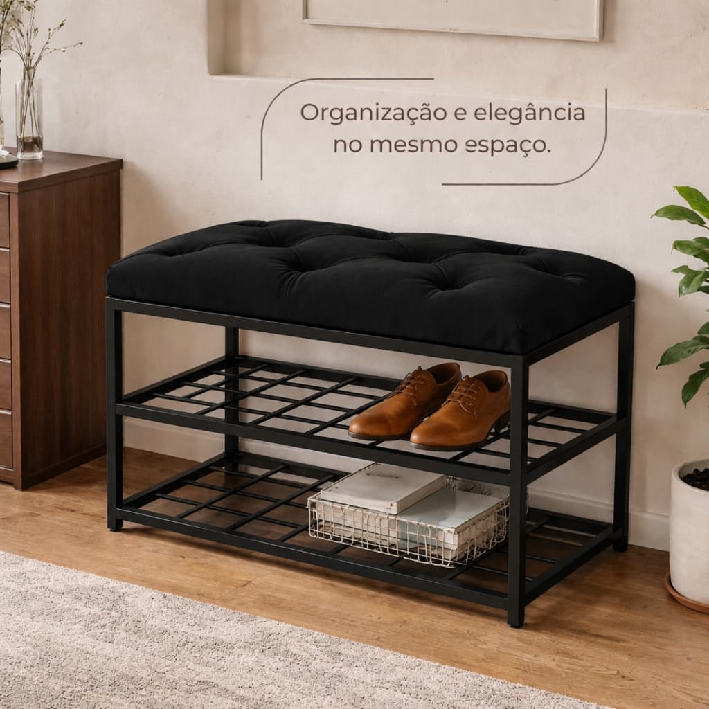 Sapateira Banco Decorativa com Assento Estofado e 2 Níveis para Sapatos e Tênis