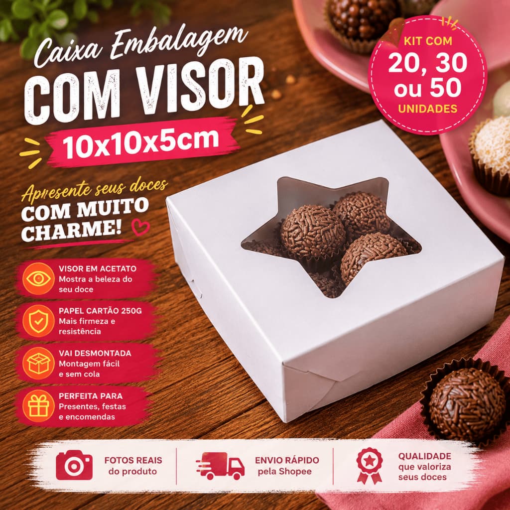 Caixa Embalagem com Visor 10x10x5cm para Brigadeiros Brownies Doces