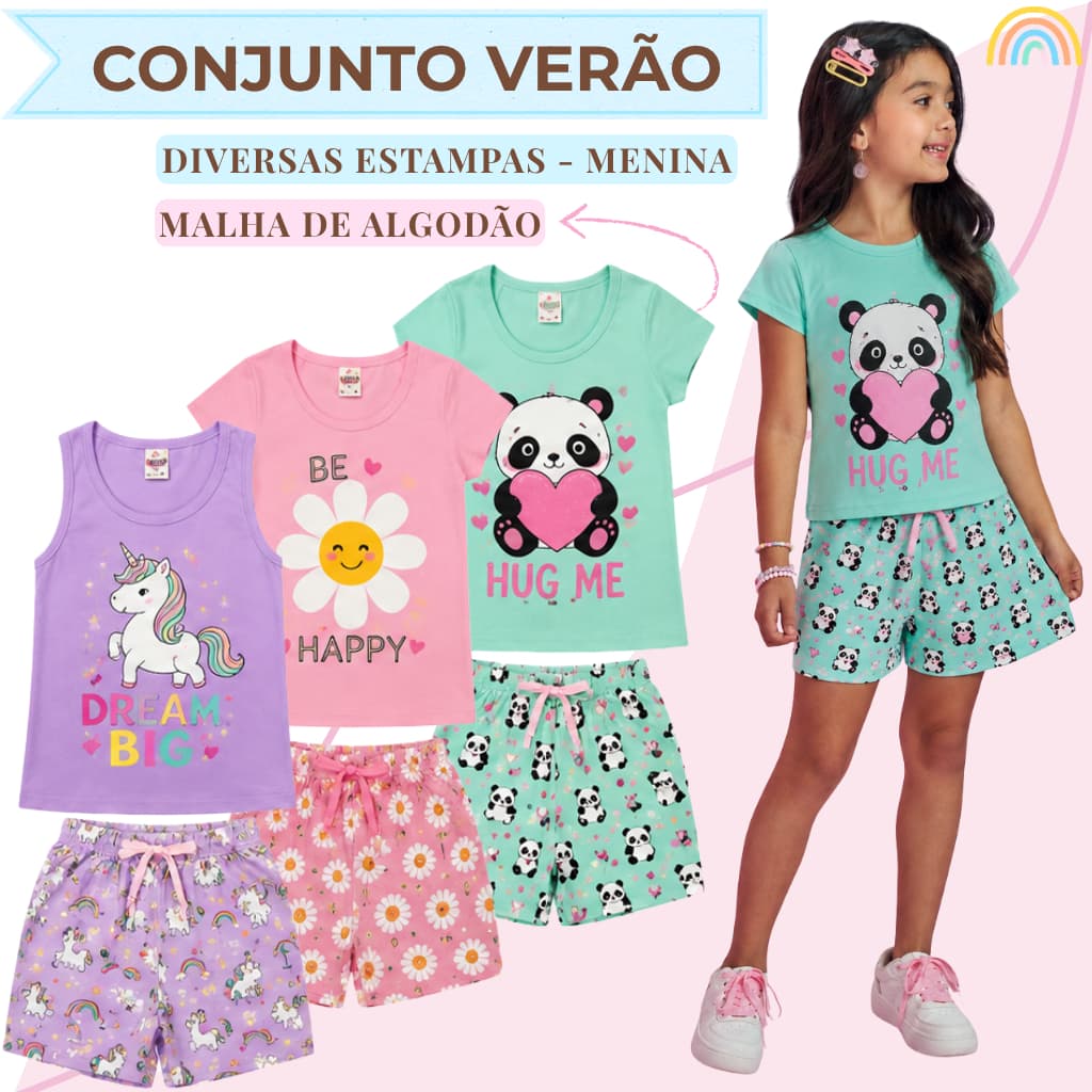 CONJUNTOS SORTIDOS Feminino/Menina Infantil Juvenil - Blusas + Shorts - Roupas de Verão 1 ao 14