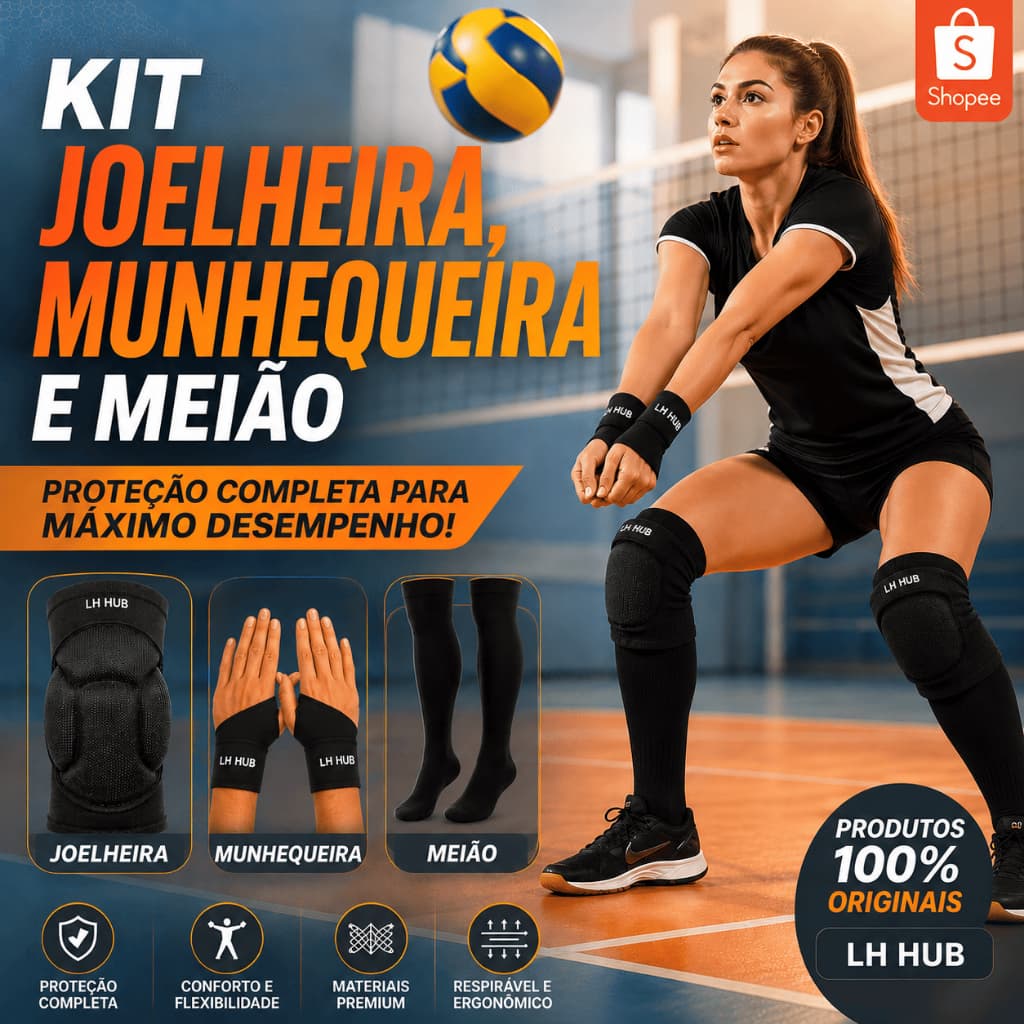Kit Esportivo Joelheira + Munhequeira + Meião Preto Futebol Futsal Vôlei Academia Adulto