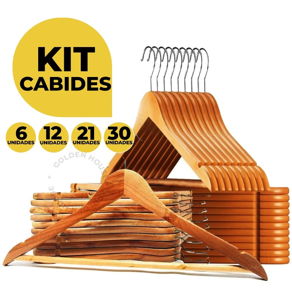 Kit 6/12/21/30 Cabides De Madeira Premium Marfim Para Roupas Calça Gancho Cromado
