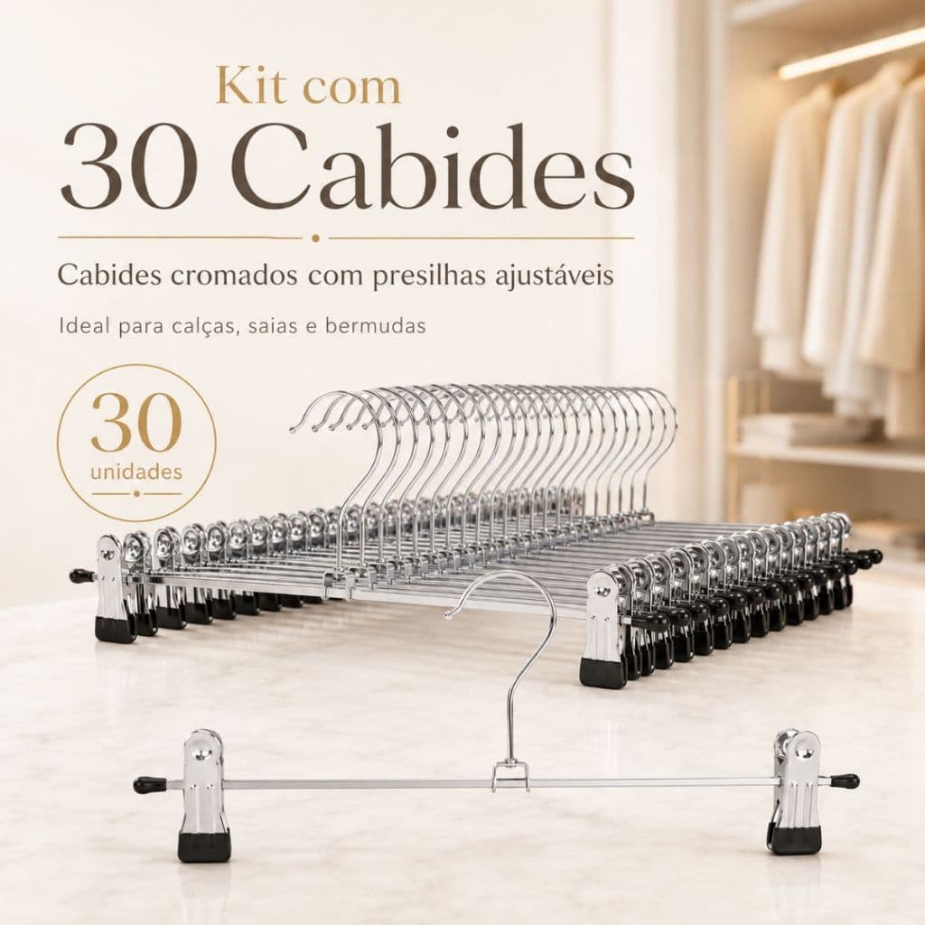 Kit 30 Unidades Cabides Metal Cromado Com Presilhas ADULTO Reforçado