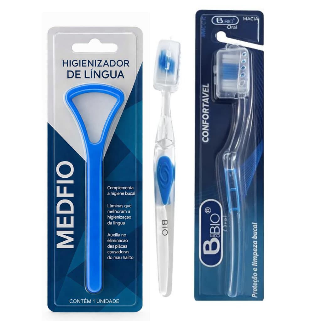 Kit com 1 escova de dentes cerdas premium super macias + 1 higienizador de língua remoção de mau hálito e bactérias