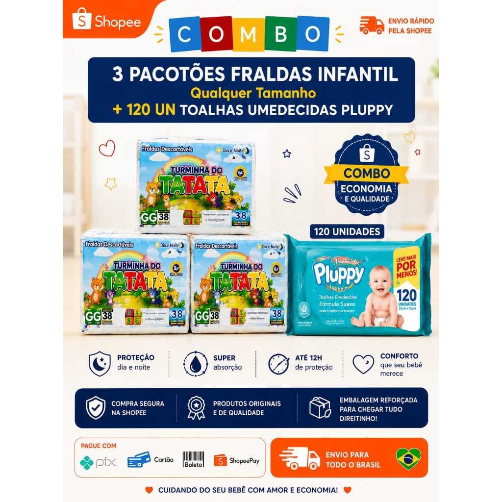 3 Pacotões Fraldas Infantil (Qualquer Tamanho) P- 120 un / M- 120 un / G- 120 un / GG- 114 un / XXG - 108un + 100 un Toa