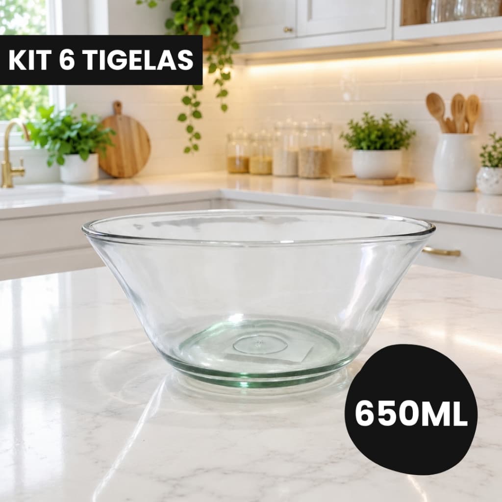 Kit 6 Tigelas Bowl Vidro 16cm Transparente Multiuso Sobremesa Profissional Cozinha Petisqueira