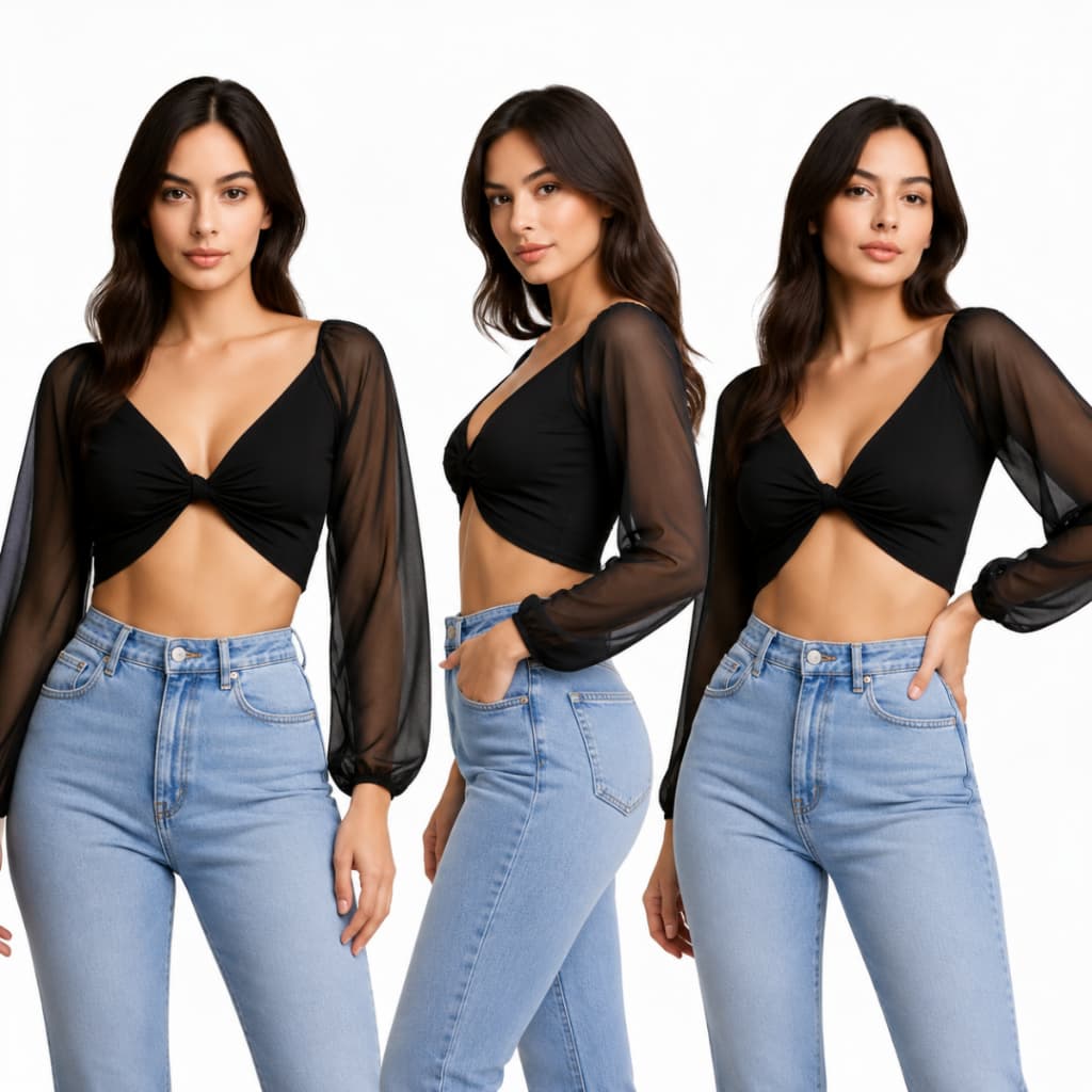 Cropped Feminino Manga Longa Tule Transparente Decote V Suplex Preto Tamanho Único Moda