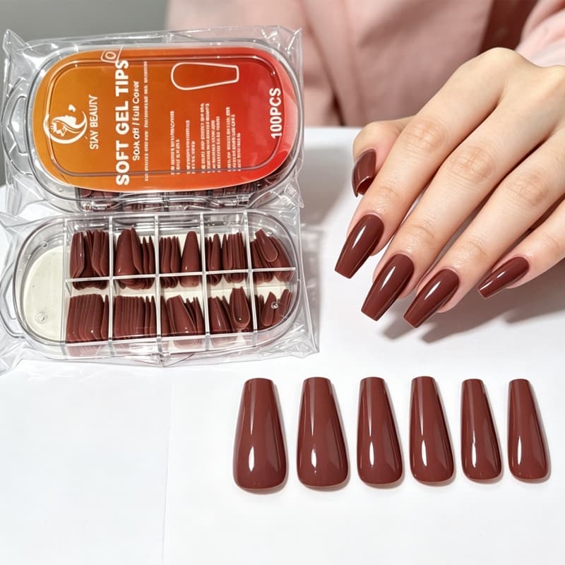Kit 100 Unhas Falsas Stiletto 4 Cores Nude Laranja Café Escuro Unhas Postiças Longas para Uso Diário e Profissional