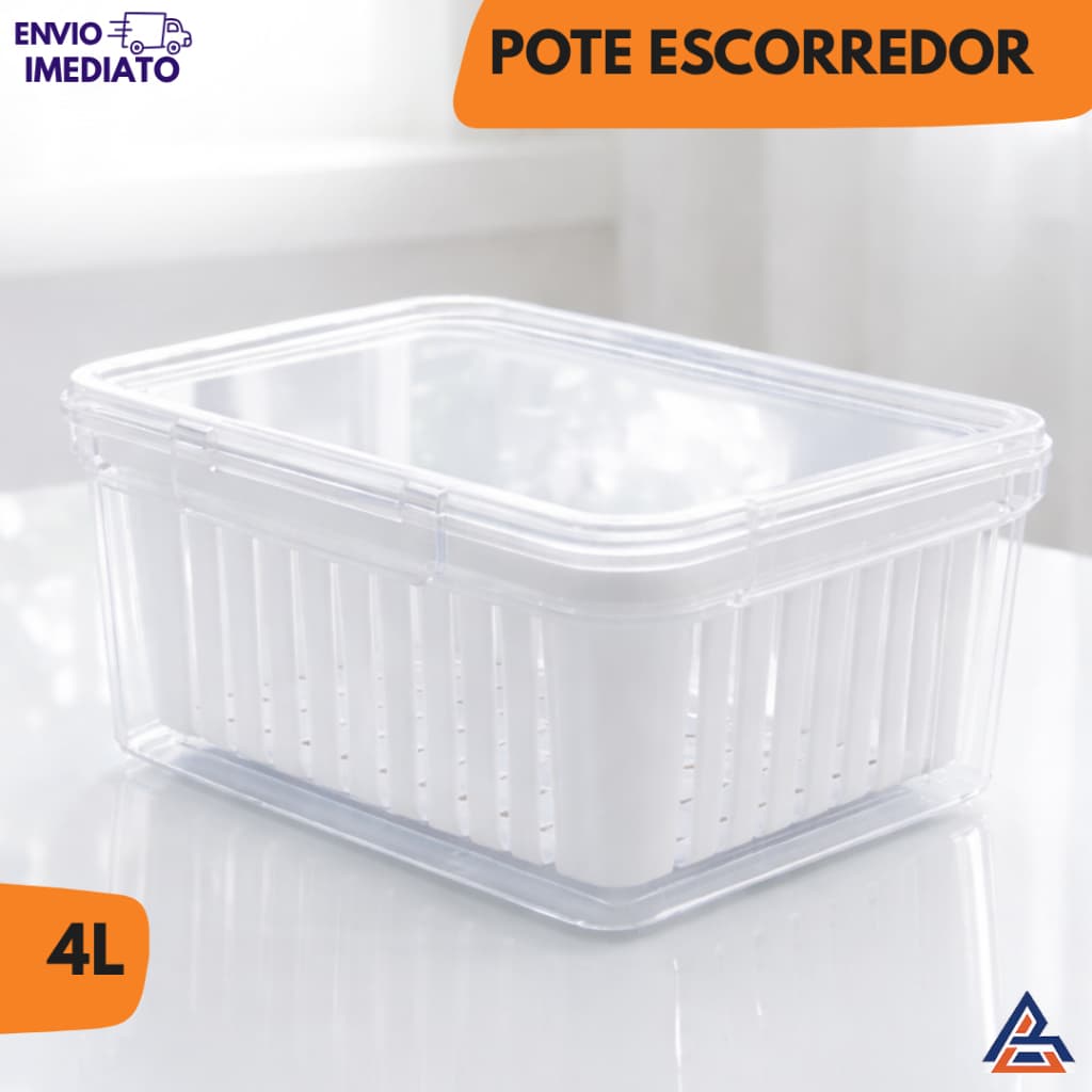 Kit Pote Hermético 4 Litros Organizador com Tampa e Escorredor para Geladeira e Cozinha