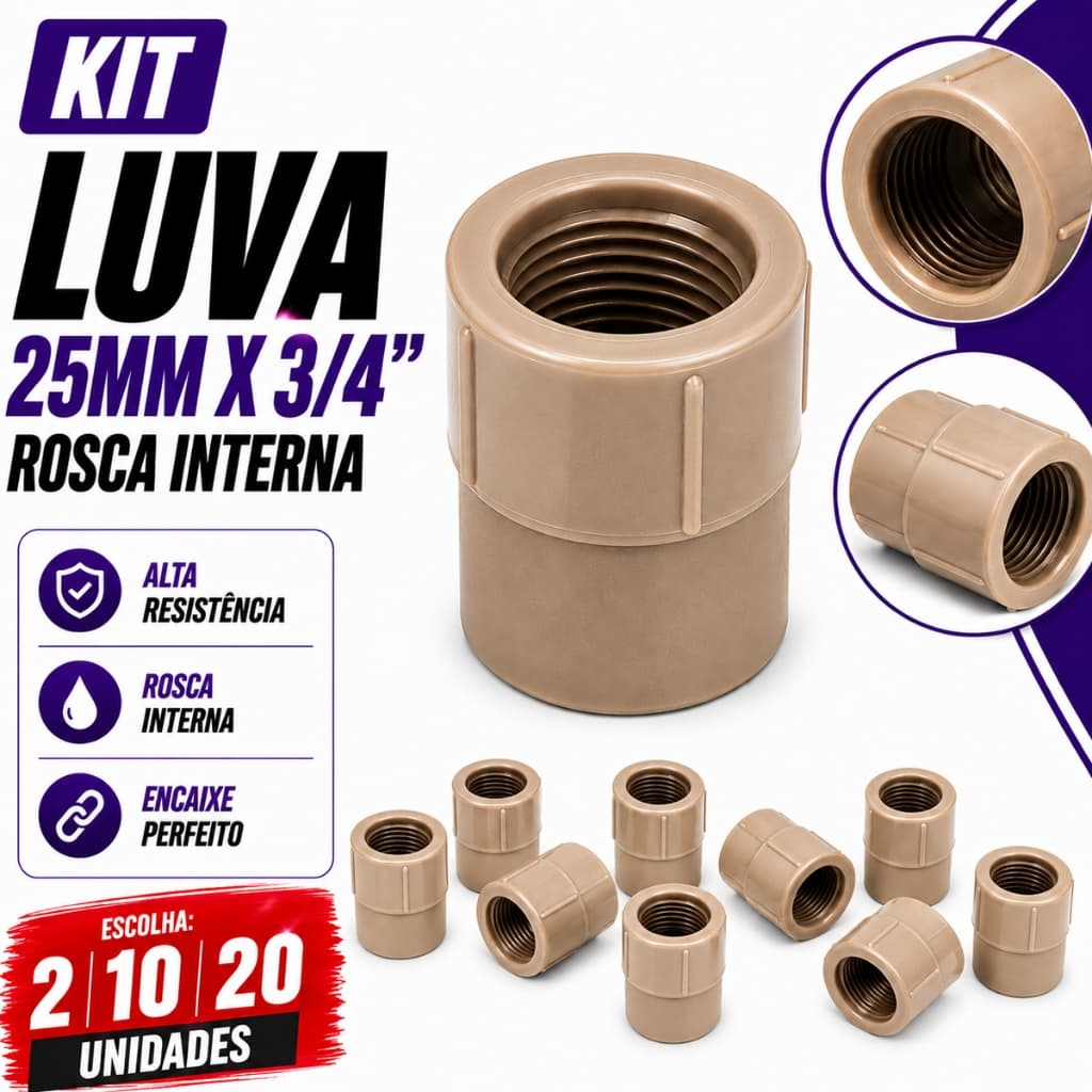 KIT LUVA DE REDUÇÃO 25MM X 3/4 - Rosca Fêmea LR Soldável Fortlev