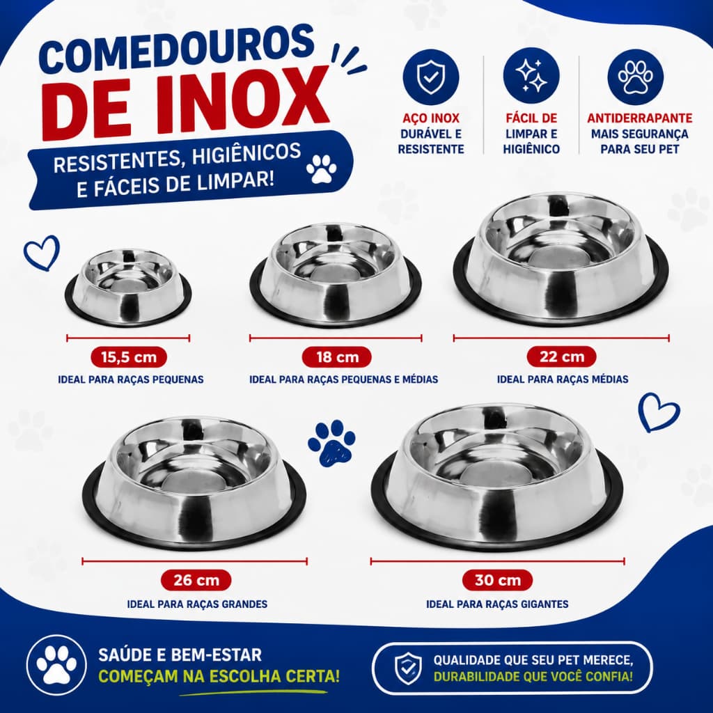 Comedouro Pote Comida Ração Água Pet Cães Gatos Inox Antiderrapante - Comedouro para Cachorro Inox