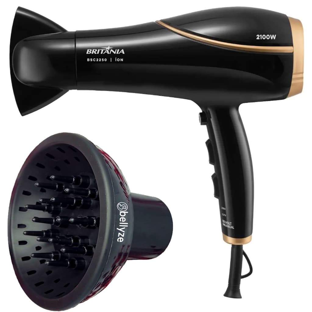 Secador de Cabelos Britânia BSC2250 2100W Tourmaline Íons Ar Quente e Frio Bivolt Preto Com Difusor Cachos