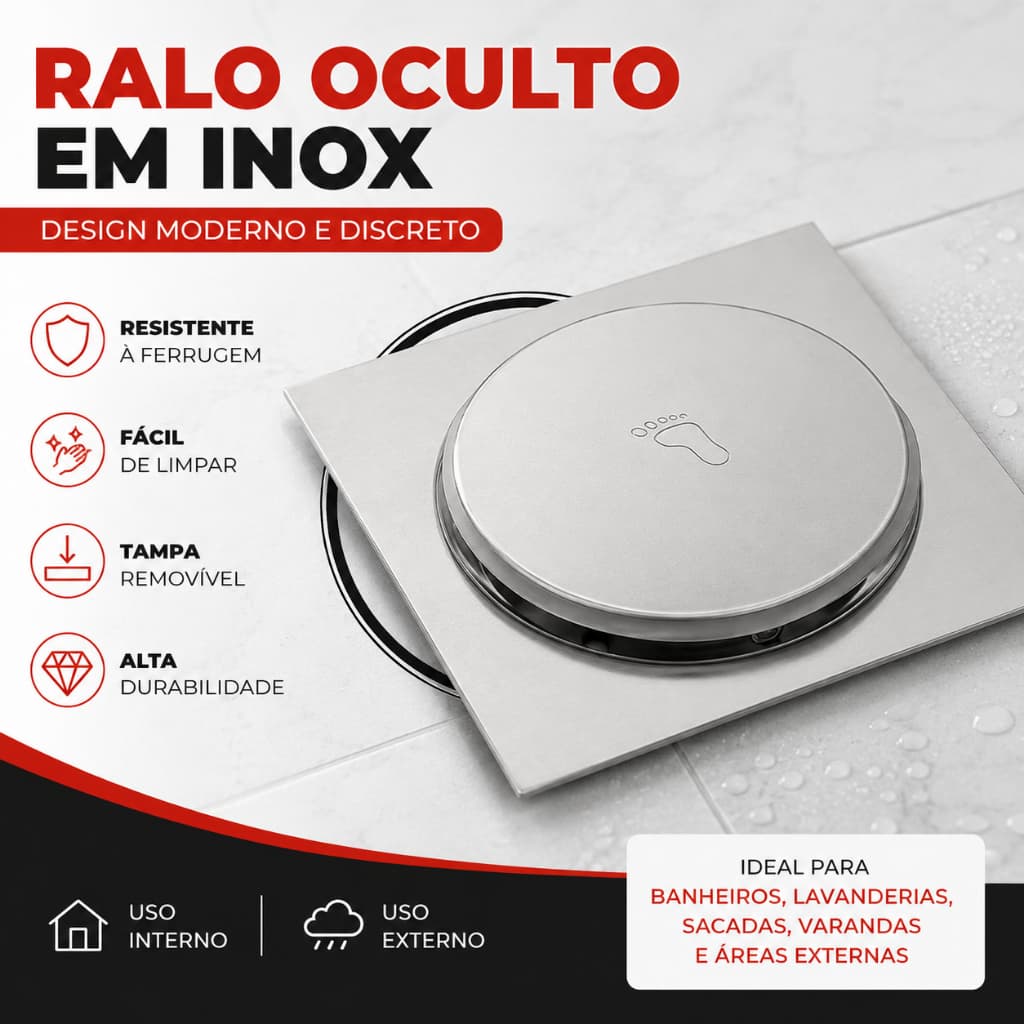 Ralo Oculto Inox Quadrado com Tampa Removível para Banheiro e Lavanderia