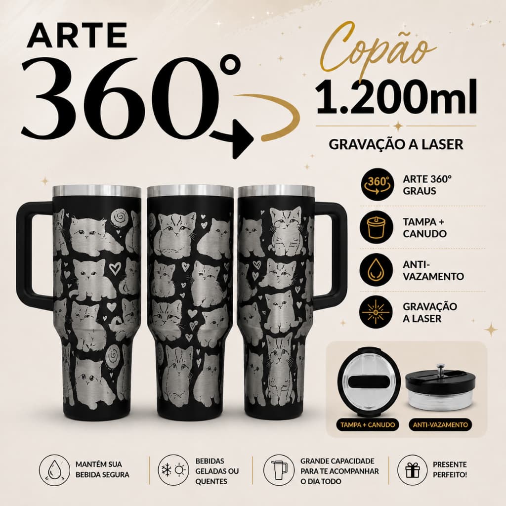COPO TÉRMICO 1200ml COPÃO COM ALÇA ARTE 360º GRAUS COPO INTEIRO TEMA: GATINHOS PET NOVIDADE